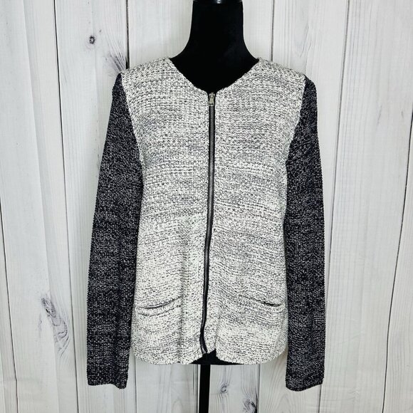 Talbots Sweater Womens Sz M Sparkly Full Zip Colorblock Pockets Gray Navy - Picture 1 of 12